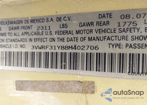 2008 Volkswagen New Beetle Se из США, поврежденный, VIN 3VWRF31Y88M402706